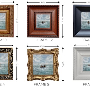 May include: Six framed landscape paintings, each depicting a boat on the water. Frames vary in style and color, including gold, brown, black, and white. Frame sizes range from 4.3 to 6 inches.