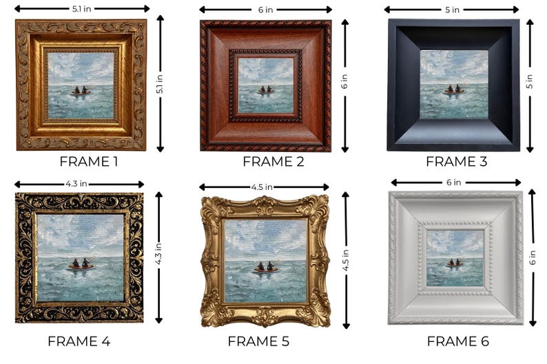 May include: Six framed landscape paintings, each depicting a boat on the water. Frames vary in style and color, including gold, brown, black, and white. Frame sizes range from 4.3 to 6 inches.
