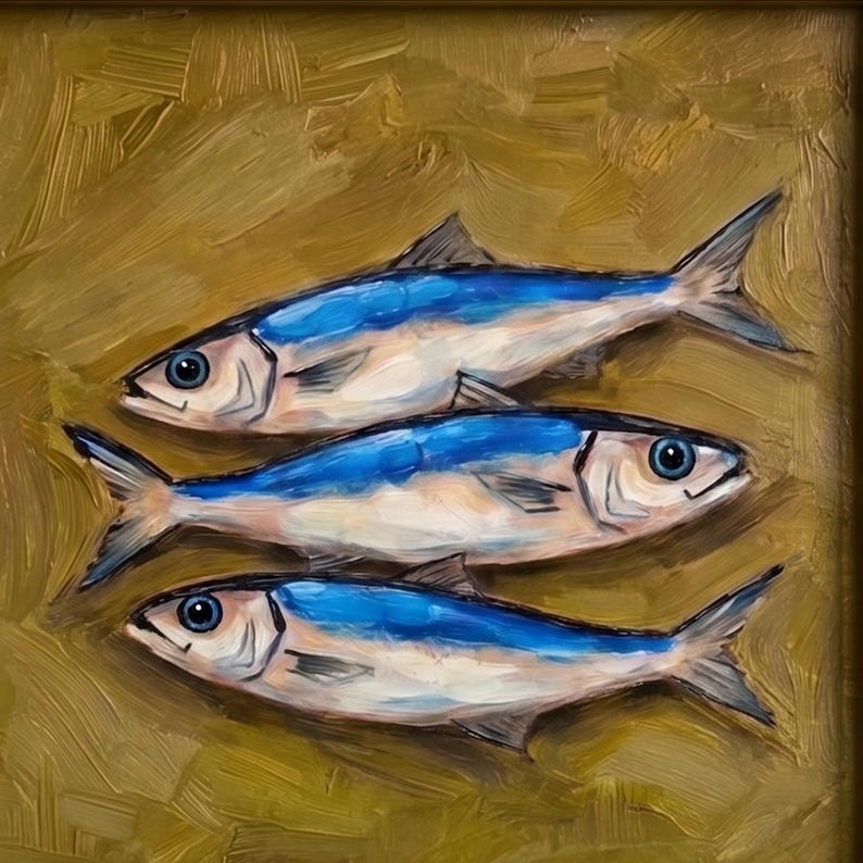 May include: An oil painting depicts three fish with blue and white bodies, set against a textured, golden-brown background. The fish have detailed eyes and fins, showcasing a realistic style. The artwork is framed, enhancing its presentation.