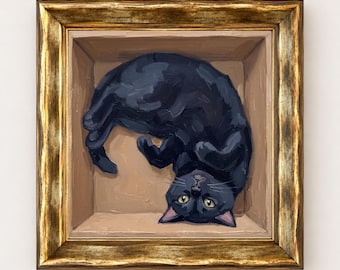 Original Oil Painting, Upside Down Black Cat Miniature Art, Framed 3x3 Canvas
