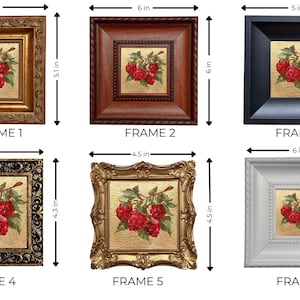 May include: Six framed art pieces, each featuring a painting of red berries on a gold background. Frames vary in style and color, with dimensions ranging from 4.3 to 6 inches. The art pieces are suitable for home decor.