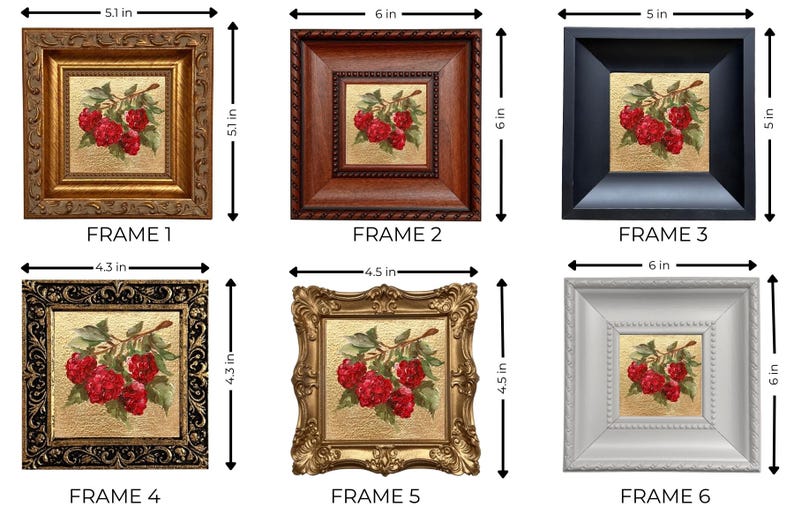 May include: Six framed art pieces, each featuring a painting of red berries on a gold background. Frames vary in style and color, with dimensions ranging from 4.3 to 6 inches. The art pieces are suitable for home decor.