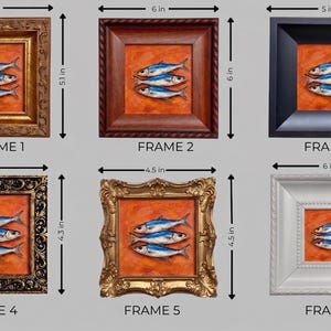 May include: Six framed art pieces, each featuring a painting of three blue and white fish on an orange background. Frames vary in style and color, with dimensions ranging from 4.3 to 6 inches.