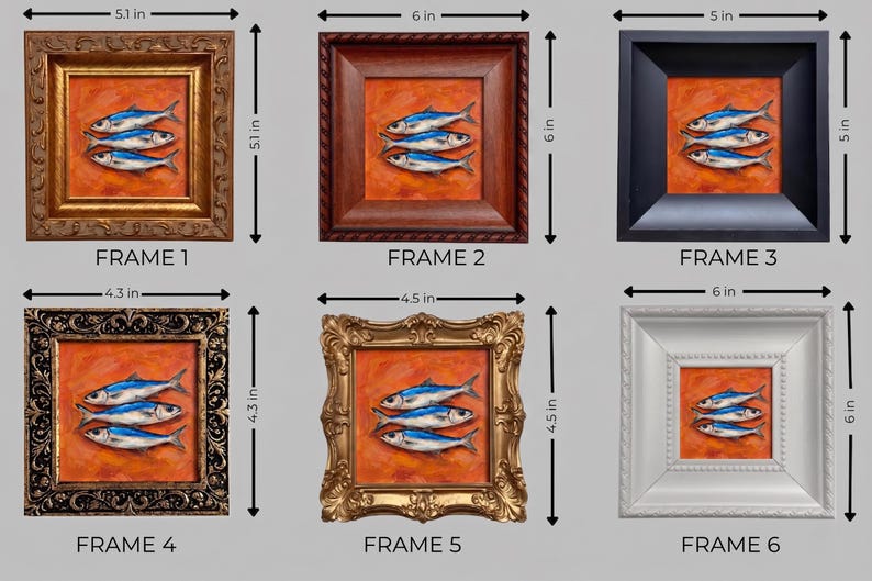 May include: Six framed art pieces, each featuring a painting of three blue and white fish on an orange background. Frames vary in style and color, with dimensions ranging from 4.3 to 6 inches.