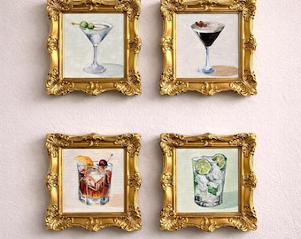 Set of 4 Mini Framed Cocktail Oil Paintings, Bar Cart Decor