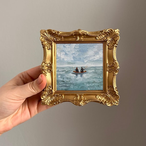 Miniature Ocean Oil Painting, Framed SUP Seascape Art, Coastal Wall Decor