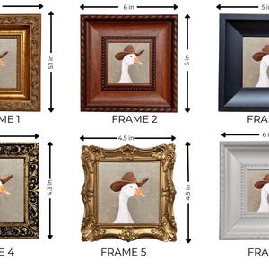 May include: Six framed art prints featuring a goose wearing a cowboy hat. Frames vary in style and color, including gold, brown, black, and white. The artwork is square, with dimensions ranging from 4.3 to 6 inches.