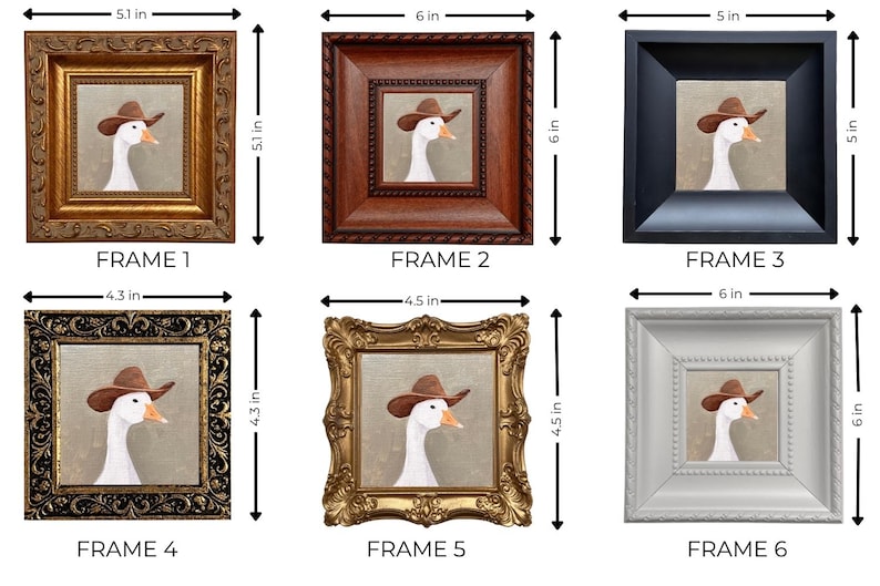 May include: Six framed art prints featuring a goose wearing a cowboy hat. Frames vary in style and color, including gold, brown, black, and white. The artwork is square, with dimensions ranging from 4.3 to 6 inches.