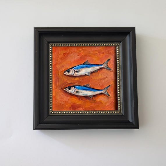 Mini Fish Painting, Framed Oil Canvas, Minimal Coastal Kitchen Gift, Tiny Artwork