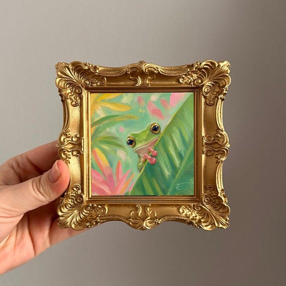 Original Oil Painting, Mini Frog Wall Art, Framed Tropical Whimsical Decor