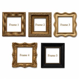 May include: Five square picture frames arranged in a grid. Frame 1 is gold with a beveled edge. Frame 2 is gold with an ornate border. Frame 3 is gold with a wavy edge. Frame 4 is gold with intricate scrollwork. Frame 5 is black with a beaded inner edge.