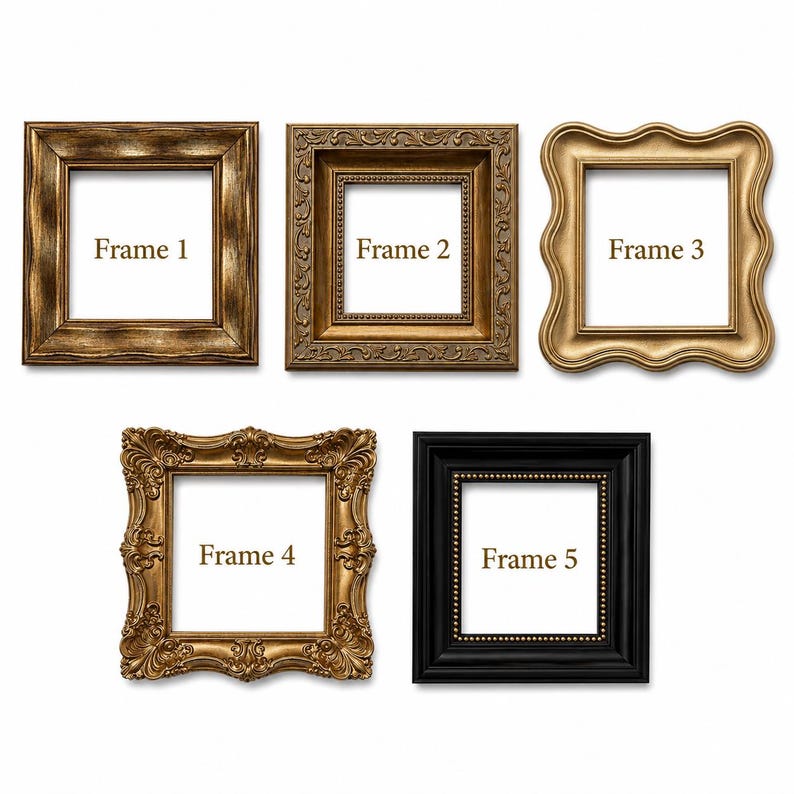 May include: Five square picture frames arranged in a grid. Frame 1 is gold with a beveled edge. Frame 2 is gold with an ornate border. Frame 3 is gold with a wavy edge. Frame 4 is gold with intricate scrollwork. Frame 5 is black with a beaded inner edge.