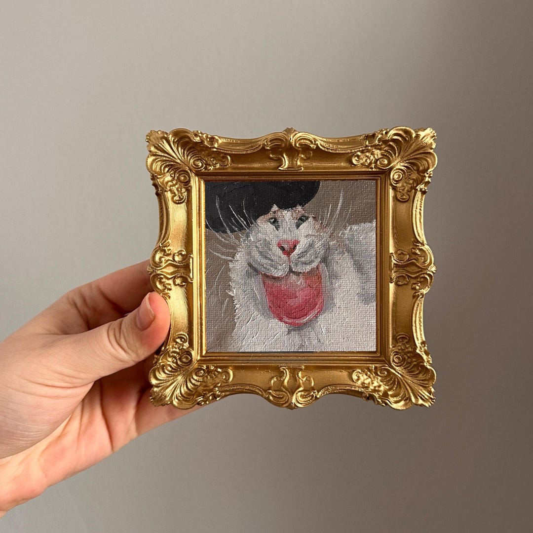 Mini Framed Cat Oil Painting, Whimsical Pet Portrait, Gold Baroque ...