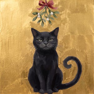 May include: A painting of a black cat sitting centered against a textured gold background. Above the cat, a sprig of green mistletoe with white berries is tied with a red ribbon. The cat is facing forward with its tail curled to the right side.