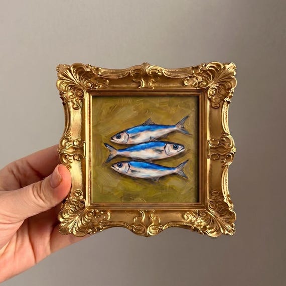 Sardine Painting Olive Background, Mini Oil Canvas, Gold Frame Kitchen Gift