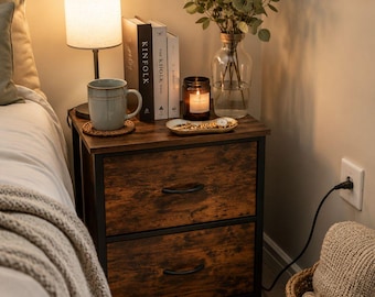 2-Drawer Nightstand, 20” Small Bedside Table with Wooden Top, Fabric Storage Cabinet for Bedroom, Kids Room & Dorm