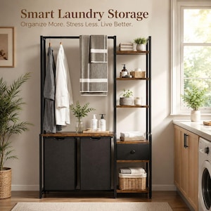 May include: A black metal laundry storage unit with a hanging rod, two dark fabric hampers, a wooden shelf, and a tall shelving section with a drawer. The unit features the text Smart Laundry Storage. Organize More. Stress Less. Live Better.