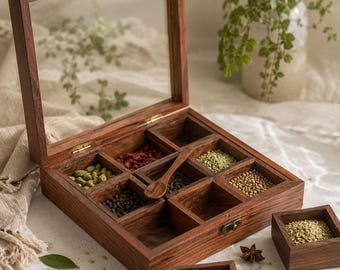 Handmade Wooden Spice Box Organizer, 9 Compartments Masala Storage Container