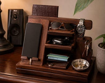 Wooden Phone Docking Station for Men Desk and Nightstand Organizer Phone Stand Key Holder Wallet Watch Holder Gift for him Bourbon Brown