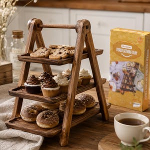 Manspdier Wooden 3 Tier Serving Tray Stand, Farmhouse Rectangle Cupcake & Dessert Display, Decorative Party Serving Platter, Brown