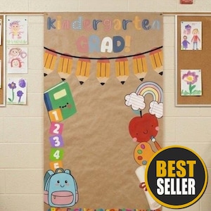 May include: A vertical brown paper banner featuring the text Kindergarten GRAD! with a pencil garland, a green book, a numbered list, a rainbow, a red apple, a paint palette, a blue backpack, and an alphabet sequence at the bottom.