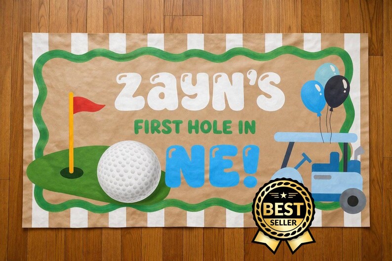 Hand-Painted Golf-Themed First Birthday Banner - Customizable Kraft Paper Decor for Golf Parties & Photo Backdrops image 1