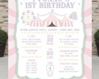Pastel Circus 1st Birthday Milestone Board, Vintage Inspired, Personalized Foam Sign