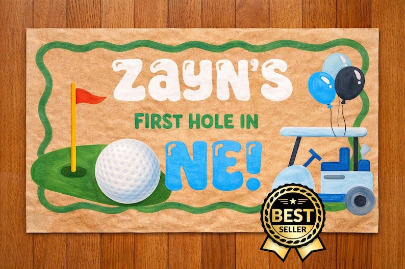Hand-Painted Golf-Themed First Birthday Banner - Customizable Kraft Paper Decor for Golf Parties & Photo Backdrops image 1