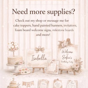 May include: An advertisement for party supplies, featuring cake toppers, banners, invitations, and welcome signs. The image has a soft, neutral color palette with floral accents and the text "made by Keir & Co."