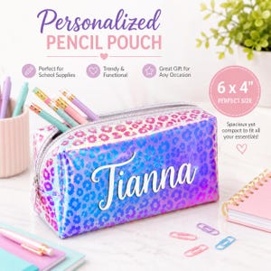 Personalized Iridescent Leopard Pencil Pouch, Custom Name School Supply Bag