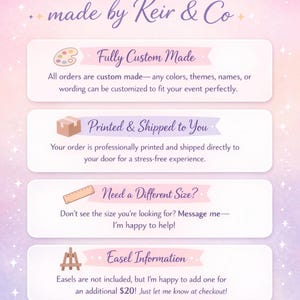 May include: A pastel-colored graphic with text that reads "made by Keir & Co." and details about custom-made orders, printing, shipping, and sizing options. The design includes a palette, a box, a ruler, and an easel icon.