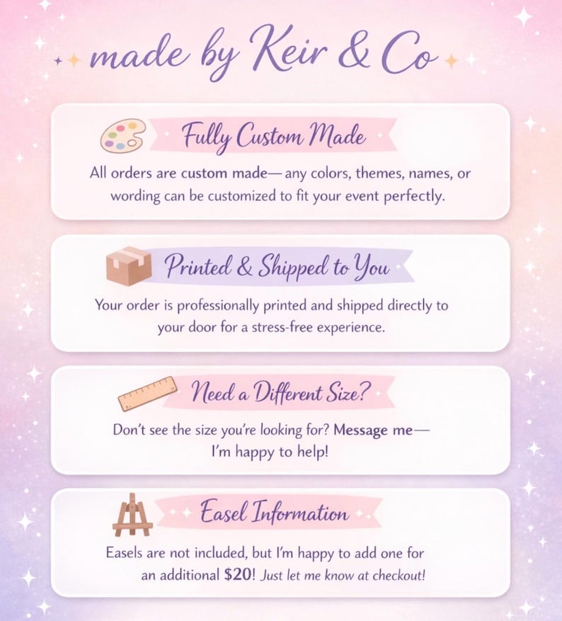 May include: A pastel-colored graphic with text that reads "made by Keir & Co." and details about custom-made orders, printing, shipping, and sizing options. The design includes a palette, a box, a ruler, and an easel icon.