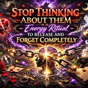 May include: An artistic digital illustration with the text "STOP THINKING ABOUT THEM Energy Ritual - TO RELEASE AND FORGET COMPLETELY". The image features a broken heart, chains, candles, and a book, with a mystical and spiritual theme.