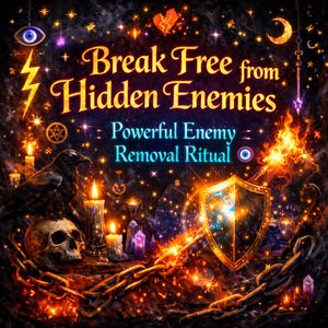 May include: An illustration with the text "Break Free from Hidden Enemies" and "Powerful Enemy Removal Ritual". The image features a skull, a raven, candles, a shield, and chains, with a mystical and magical theme.