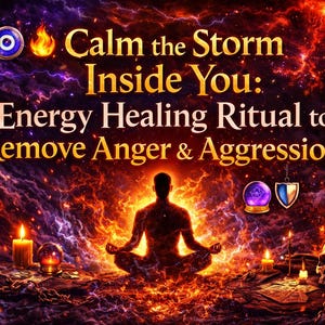 May include: An image with the text "Calm the Storm Inside You: Energy Healing Ritual to Remove Anger & Aggression." A person is meditating in a lotus position, surrounded by flames and candles. The background is a swirling mix of red, orange, and purple.