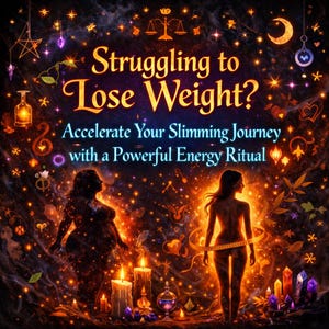 May include: An artistic digital image with the text "Struggling to Lose Weight?" and "Accelerate Your Slimming Journey with a Powerful Energy Ritual." The image features silhouettes of two figures, candles, and celestial elements.