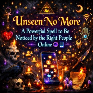 May include: Digital art with the text "Unseen No More" and "A Powerful Spell to Be Noticed by the Right People Online." The image features a smartphone, skulls, a raven, candles, and mystical symbols in a dark, magical theme.