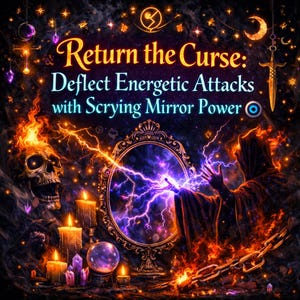 Può includere: Illustrazione digitale di una scena mistica con un teschio in fiamme, candele e uno specchio magico. Il testo "Return the Curse: Deflect Energetic Attacks with Scrying Mirror Power" è visualizzato in oro e blu.