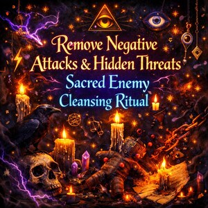 May include: A dark, mystical graphic featuring a raven perched on a skull, a small doll, and multiple lit candles. The text reads: Remove Negative Attacks & Hidden Threats Sacred Enemy Cleansing Ritual. Purple lightning, chains, and symbols surround the scene.