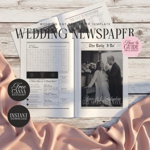 Pode incluir: Um modelo de jornal de casamento com o título "WEDDING NEWSPAPER". O jornal apresenta uma foto a preto e branco de um casal e o texto "Anne & Christopher GET MARRIED TODAY". Inclui um jogo de palavras e um "How-to GUIDE".