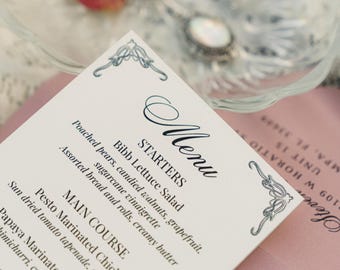 Printed Elegant Wedding Event Menu Cards Corner Accent With Tassel Option