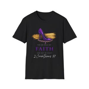 Purple Stiletto with Faith Scripture T-Shirt | 2 Corinthians 5:7, Christian Shoes
