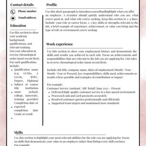 May include: A resume template with the name "Charlotte Bircher" at the top. The document is divided into sections for contact details, education, profile, work experience, and skills. The text provides guidance on how to fill out each section.