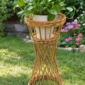 Wicker tall planter holder plant stand woven garden flower stand, rustic handmade indoor outdoor boho pot stand, willow flower display decor
