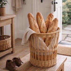 May include: A woven wicker basket filled with several golden-brown baguettes, resting on a wooden table. The basket is lined with a beige cloth. The scene is set in a bright, airy room with a neutral color palette.