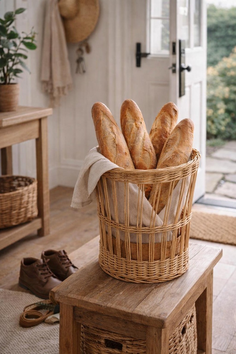 May include: A woven wicker basket filled with several golden-brown baguettes, resting on a wooden table. The basket is lined with a beige cloth. The scene is set in a bright, airy room with a neutral color palette.