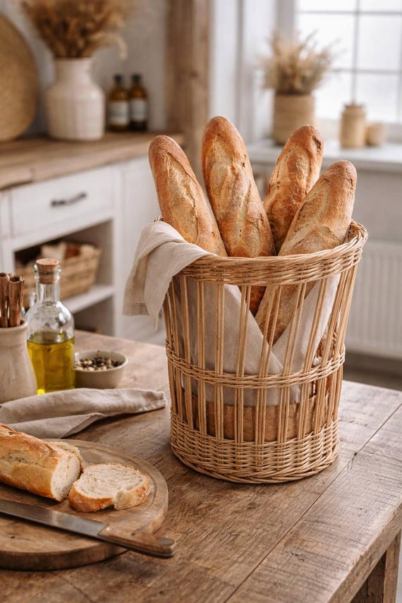 natural wicker bread basket baguette basket rustic kitchen basket woven bread holder farmhouse countertop decor