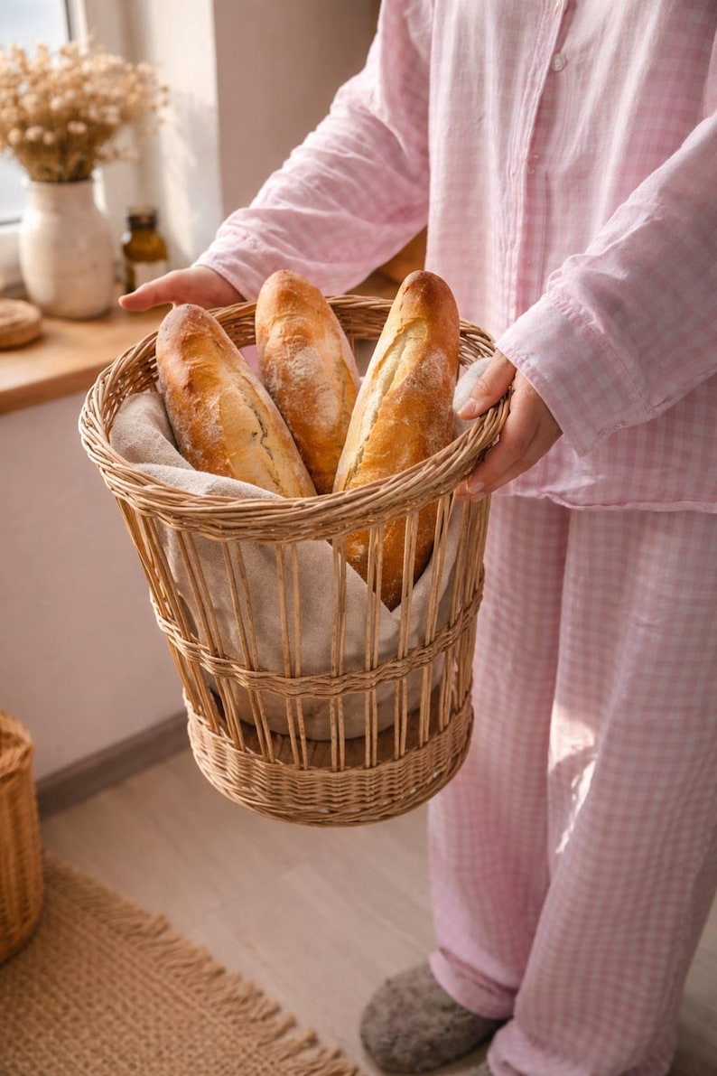 May include: A woven wicker basket holds three fresh baguettes. The basket is lined with a linen cloth. The baguettes have a golden-brown crust. The basket is being held by a person wearing pink pajamas.