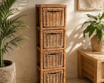 Ladekast van natuurlijke wilgen, geweven rieten rustieke opbergkast, rotan lade-organizer, dressoir, boho rek thuisopslag trinketplank