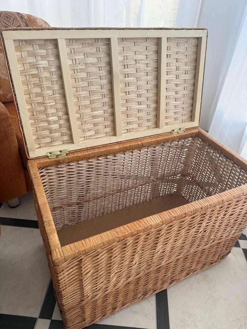 wicker storage chest with lid large willow trunk basket handmade laundry basket rustic blanket box natural toy storage bin image 4